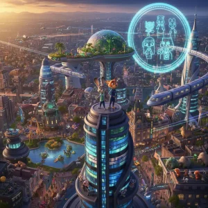 Wide view of Zootopia 2 characters in a modern cityscape.