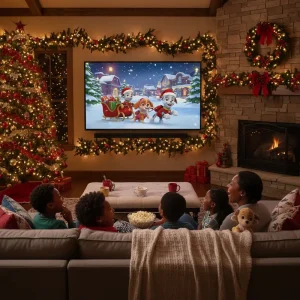 Children and parents watching 'Paw Patrol Christmas' with Christmas decorations in the background.