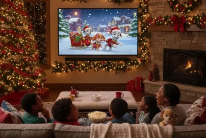 Children and parents watching 'Paw Patrol Christmas' with Christmas decorations in the background.