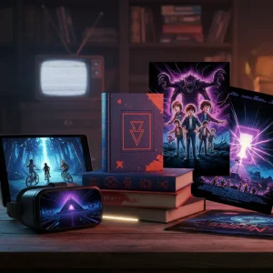 Cartoonish characters in a fictional town inspired by 1980s aesthetics.