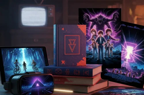 Cartoonish characters in a fictional town inspired by 1980s aesthetics.